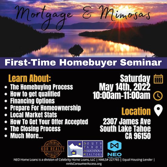 SouthTahoeNow's tweet photo. Mimosas and Mortgages -- a seminar this Saturday to help people navigate the home buying process, or start planning for future purchases. Mimosas and food included. Hosted by #STAOR #NEOTeam, #KORReality in #SouthLakeTahoe. #LakeTahoeRealEstate https://t.co/tEfxgE52v9 https://t.co/fuO7Rfwmab