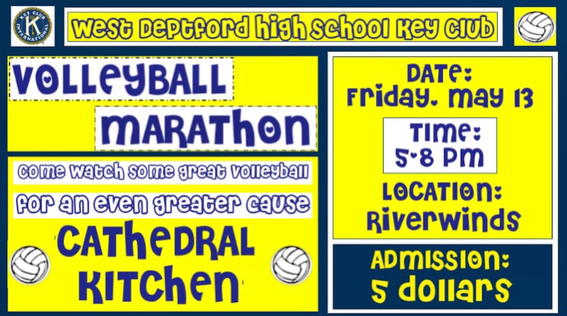 Volleyball Marathon returns Friday May 13! Come out to support your fav team and Cathedral Kitchen! #ServingUpHope <a href="/WDHS_ATC/">WDHS Athletic Training</a> <a href="/WDHS_Baseball/">WEST DEPTFORD BASEBALL</a> <a href="/WDHS_Baseball/">WEST DEPTFORD BASEBALL</a> <a href="/WDHSAthletics/">WDHS Athletics</a> <a href="/WDHSTennis/">WDHS Tennis</a> <a href="/WDHSWdhs/">WDHS Student Council</a> <a href="/WDHigh/">West Deptford HS</a>