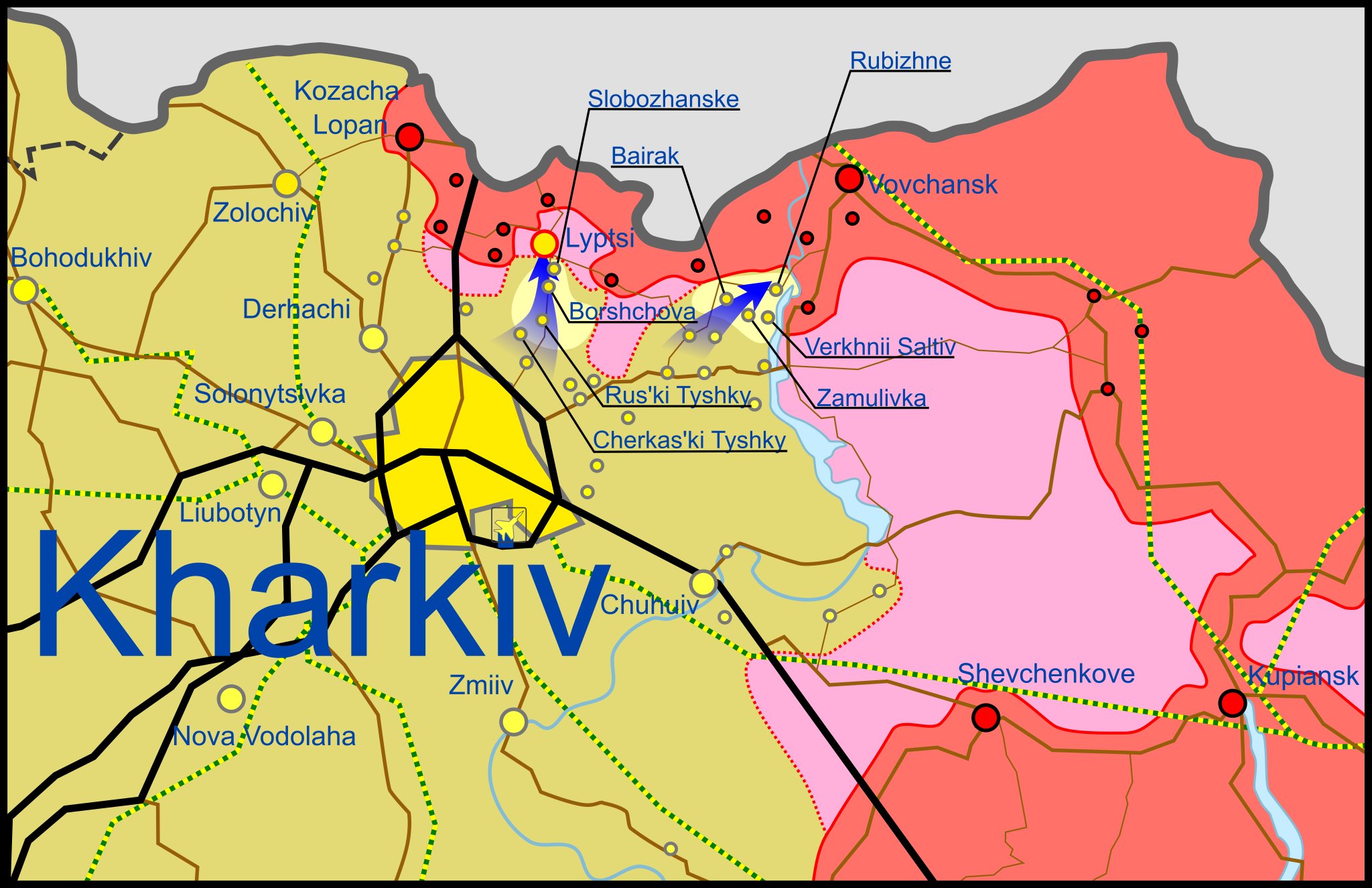 War Mapper on X: "Updates: 🇺🇦 carried out two offensives in the Kharkiv area. North of Kharkiv 🇺🇦 captured the settlements of Slobozhanske, Borshchova, Rus'ki Tyshky, and Cherkas'ki. Lyptsi is contested. Northwest