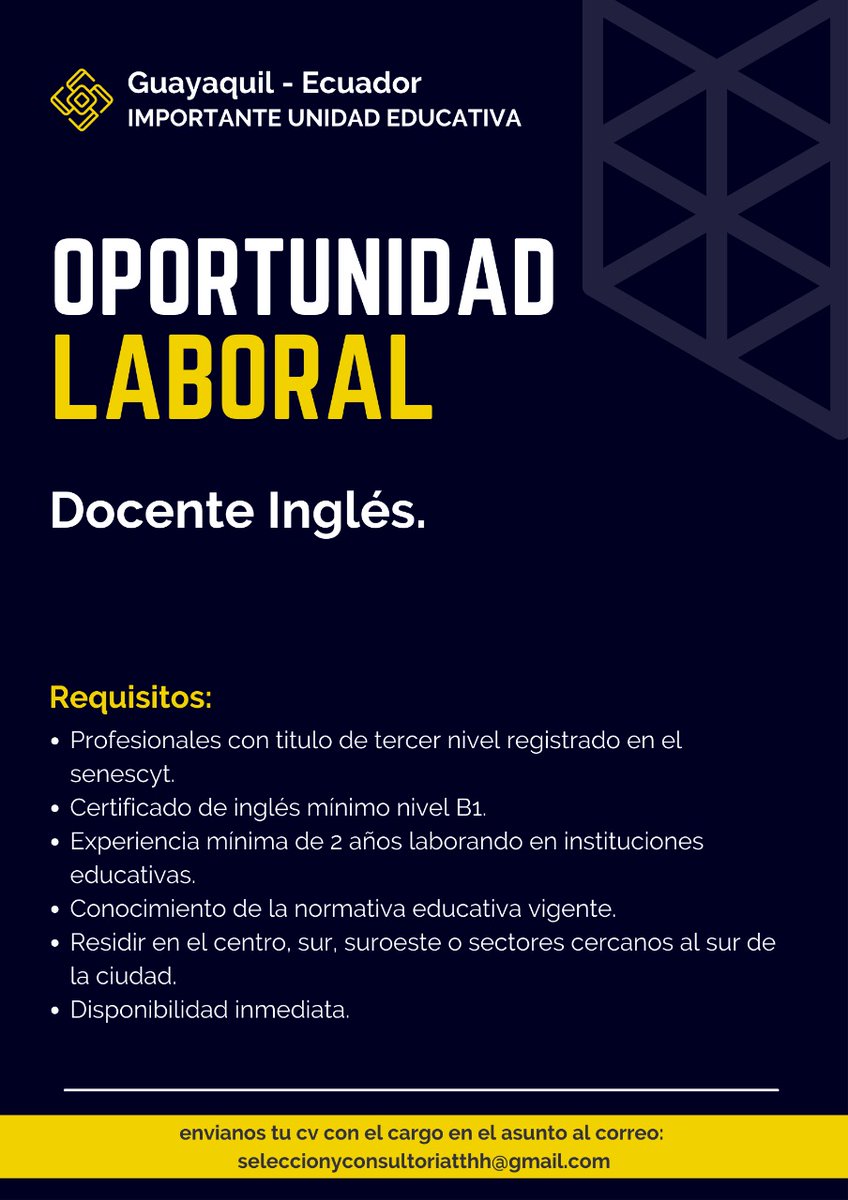 VarezConsulting's tweet photo. #AnuncioLaboral
#Docente #ingles 
#Guayaquil https://t.co/rrx9YVH4JL