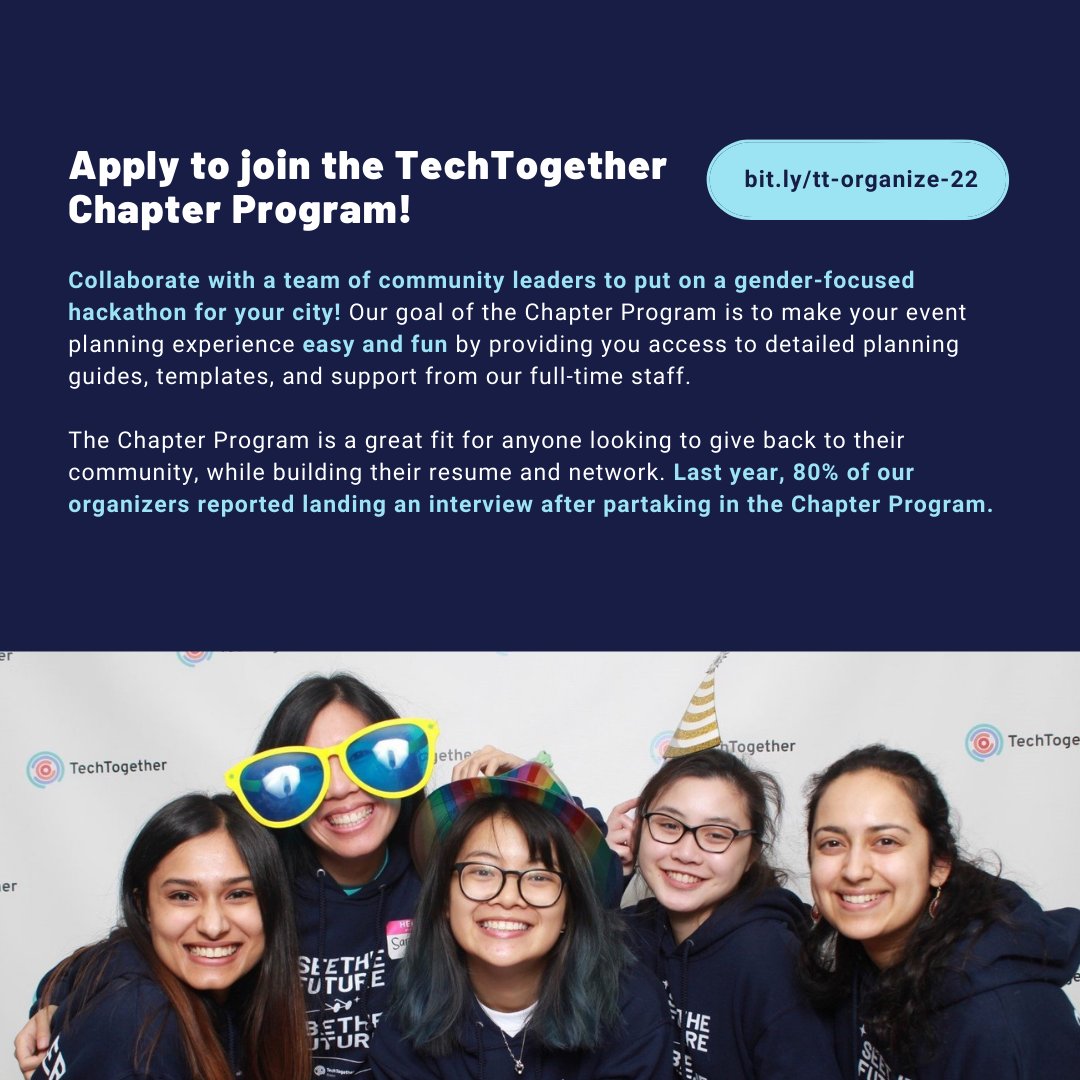 TechTogether_'s tweet image. You all know about our #hackathons, but did you know about the program behind the events? TechTogether&apos;s Chapter Program last year had a 94% recommendation rating, check it out below and apply! techtogether.recruitee.com