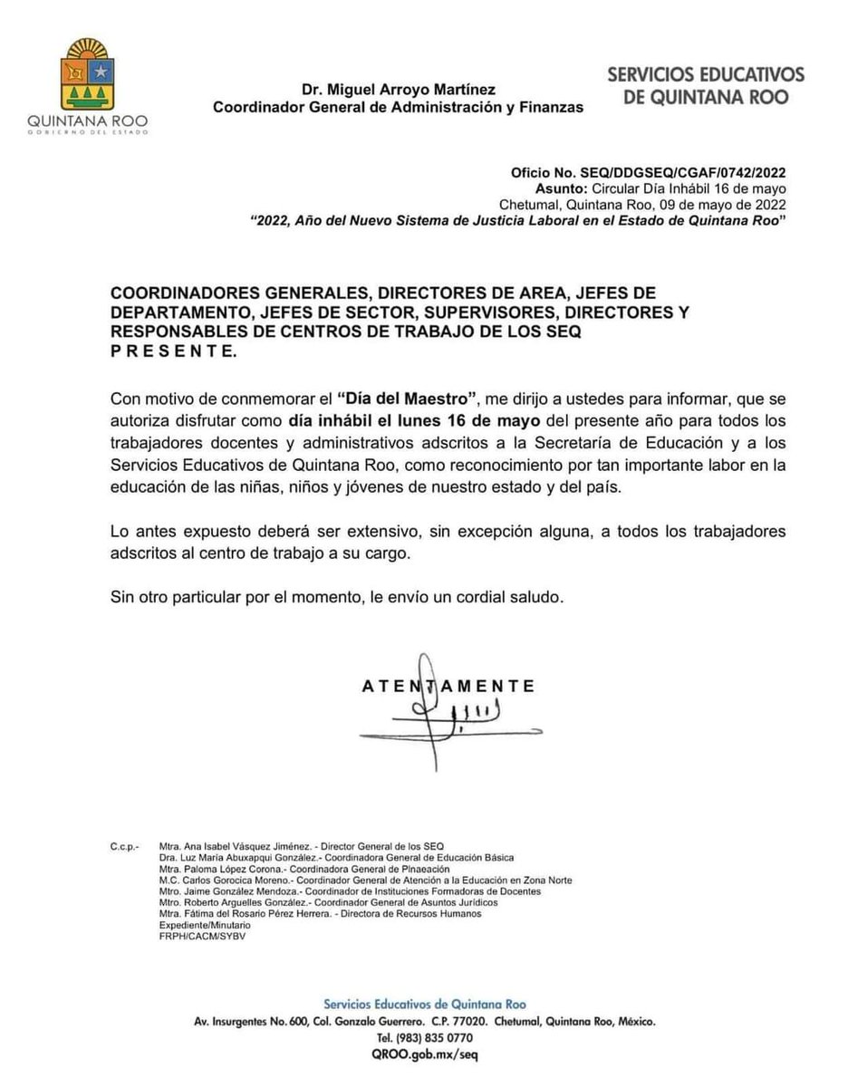 EducacionQR's tweet photo. #COMUNICADO Con motivo del Día del Maestro, se autoriza como día inhábil el lunes 16 de mayo de 2022 para todas las y los trabajadores docentes y administrativos adscritos a la SEQ y los SEQ. #QuintanaRoo https://t.co/G7ebbzr9GG
