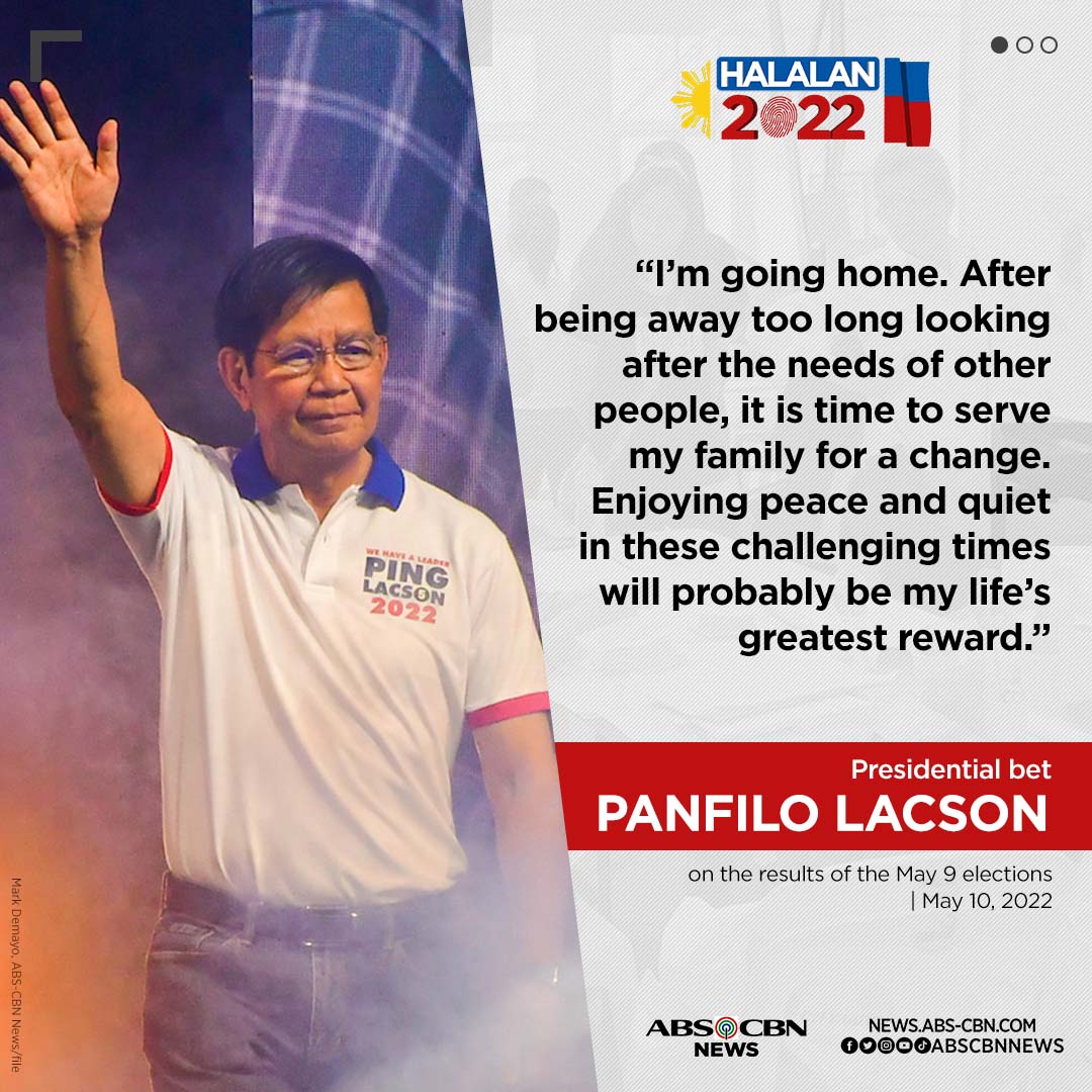 Matapos magserbisyo sa Pilipinas ng ilang dekada, uuwi muna sa kaniyang tahanan si Sen. Panfilo Lacson para makabawi ng oras sa kanyang pamilya.

Kasalukuyang nasa ikalimang puwesto si Lacson sa #Halalan2022 presidential race.

Kaugnay na ulat: news.abs-cbn.com/news/05/09/22/…