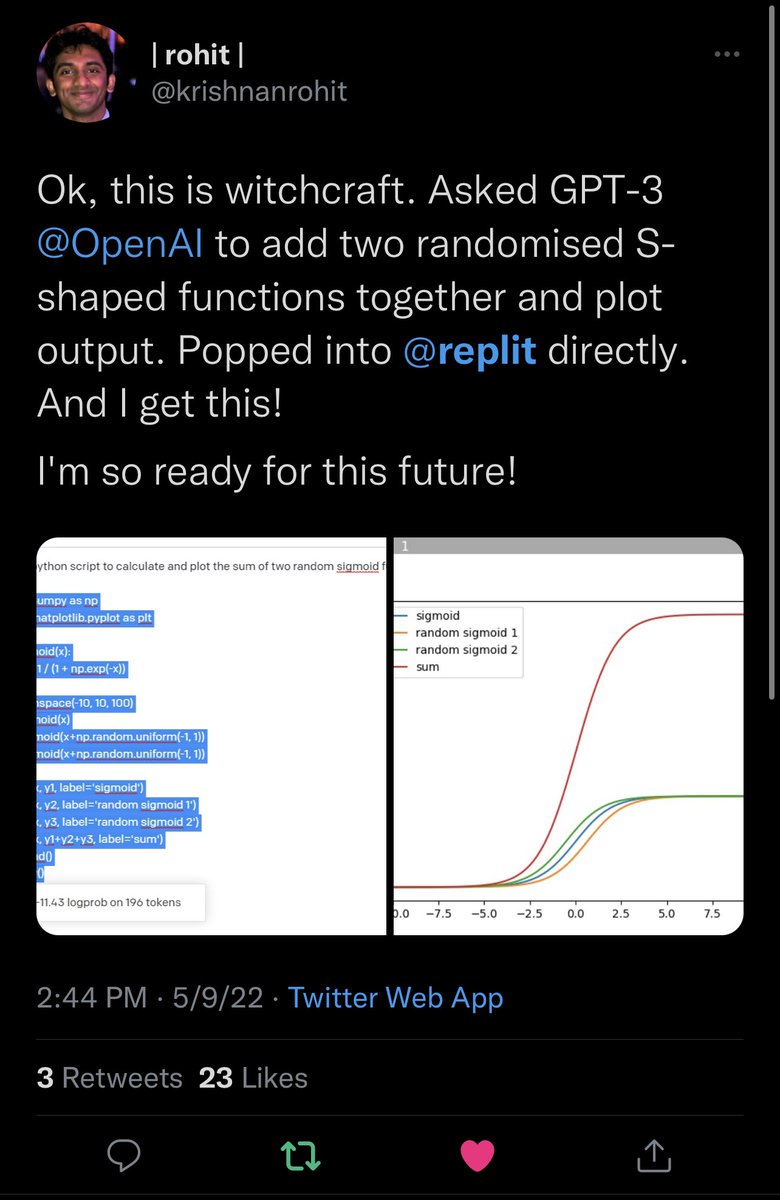 amasad's tweet photo. These tweets may seem like just fun demos, but not only is this useful for writing programs, it will also be great for learning math. Think a 100x more useful Wolfram Alpha. https://t.co/jrdW5b7gRj