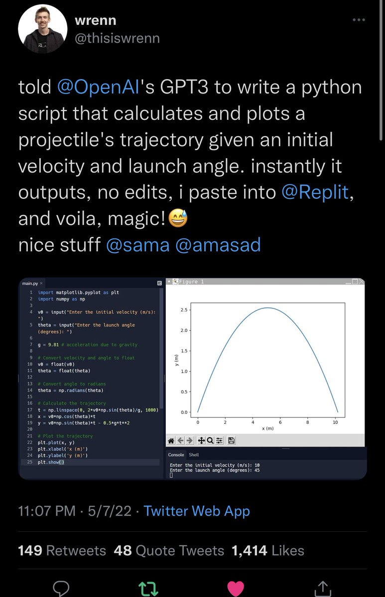 amasad's tweet photo. These tweets may seem like just fun demos, but not only is this useful for writing programs, it will also be great for learning math. Think a 100x more useful Wolfram Alpha. https://t.co/jrdW5b7gRj