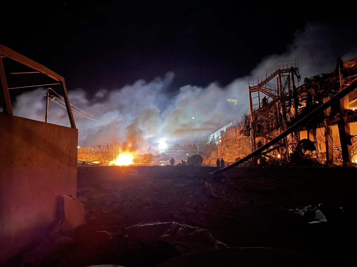 The aftermath of the Russian missile strike on a shopping centre in Odesa tonight. When we arrived the fire was still burning and there was a thick acrid smoke. 
Ukrainian authorities say that 7 missiles were launched at the city. One person has died and 5 are injured
