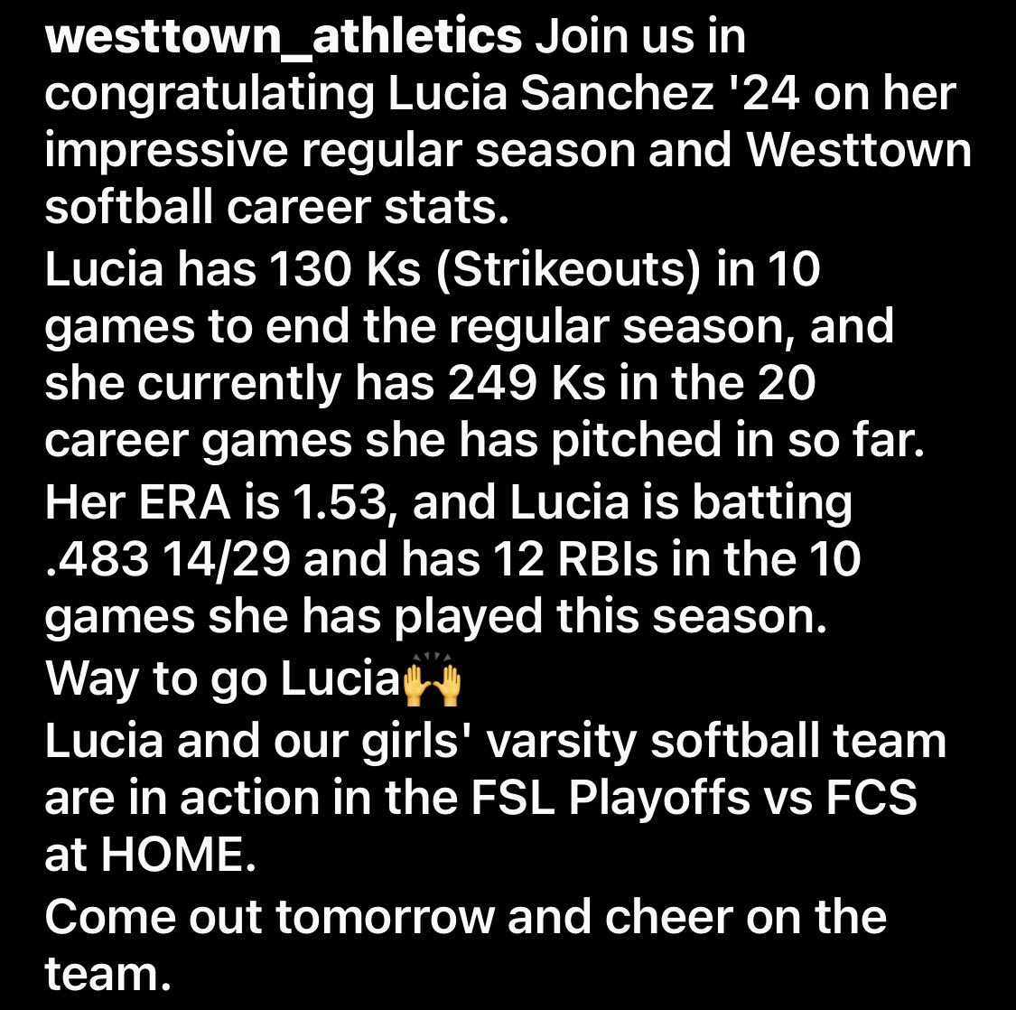 Softball_WT's tweet photo. Way to go, Lucia‼️ We’re so proud of you- keep up the awesome work. See you all tomorrow for @FSL_Athletics 🥎 semifinals at HOME 4pm. https://t.co/f6JtXmGJu8