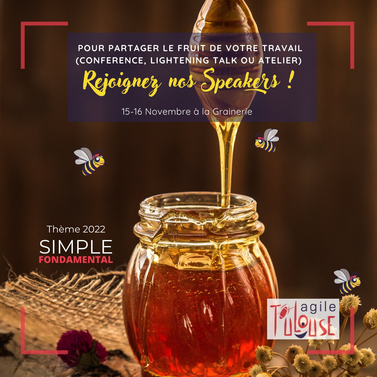 📢#CallForPapers pour l’#ATTLS22 toujours ouvert

🍯Viens partager en présentiel le fruit de ton travail et rejoindre nos speakers en proposant ta conférence/atelier sur sessionize.com/agile-tour-tou…

🐝Thème 2022 de l’#Agile tour #Toulouse : SIMPLE. FONDAMENTAL

🗓D’ici le 26 juin 😊