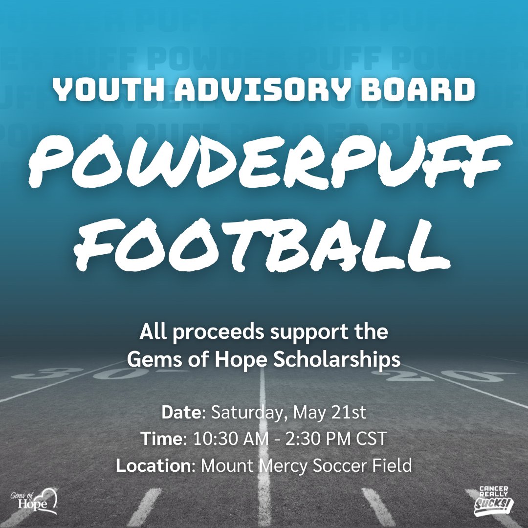 GemsofHopecr's tweet photo. The Youth Advisory Board is hosting a Powder Puff Football tournament! Come and support teams from local high schools in a fun afternoon of football.  All proceeds support the Gems of Hope Scholarships. Call 319-393-9681 or email office@gemsofhope.com for more info! https://t.co/fP4jFNMm4A