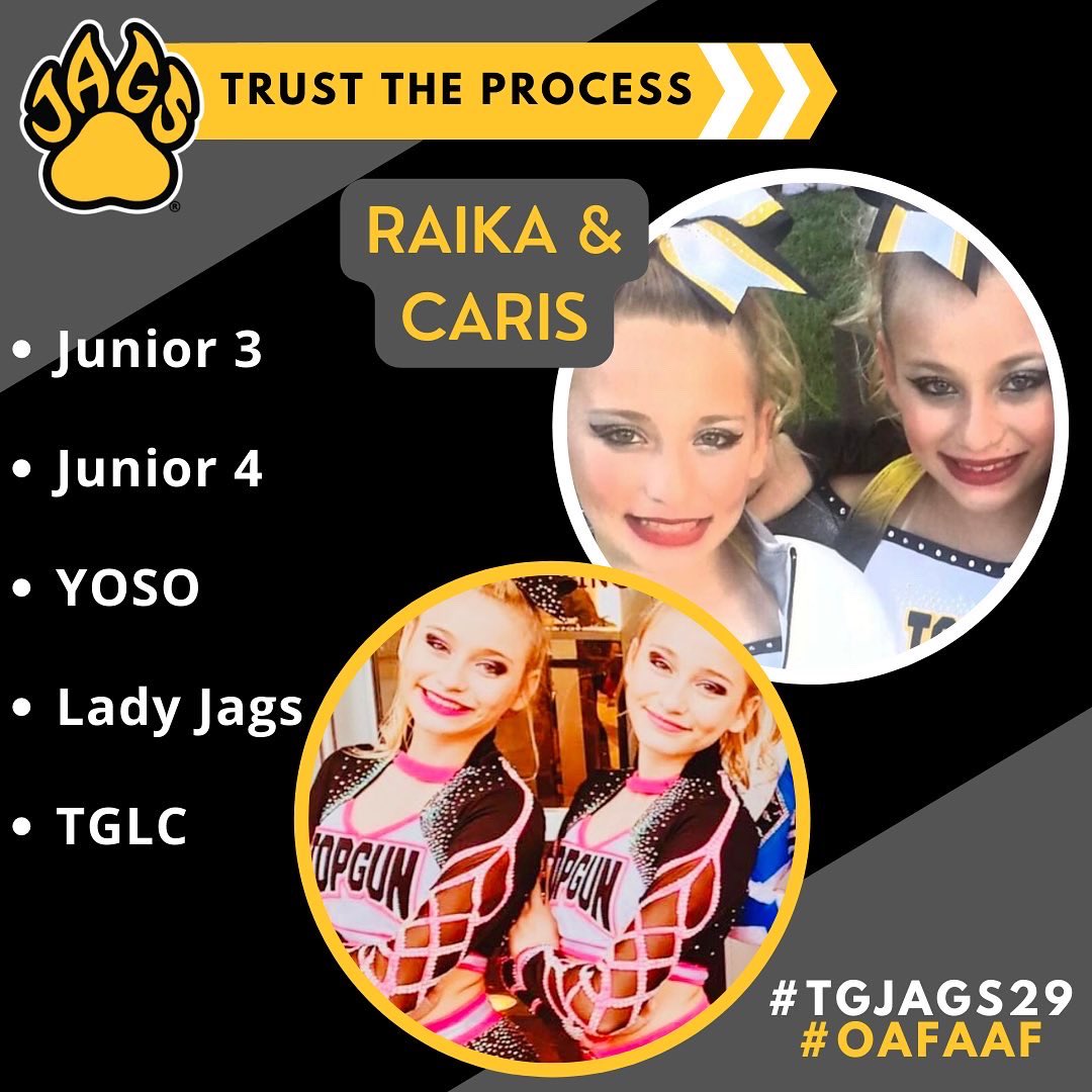 TopGunJags305's tweet photo. ✨In honor of ALL STAR TEAM EVALUATIONS starting today, we’ve got a x2 dose of💡TTP - TRUST THE PROCESS!
😍Raika & Caris joined our program as L3 Jrs. 😌They TTP, & finished this season as a 🏆WORLD CHAMPIONS on 💋Lady Jags & 🥊TGLC!
#TGTTP
#TGJags29 🐆 #OAFAAF 🖤💛 https://t.co/A2rBMFMlcX