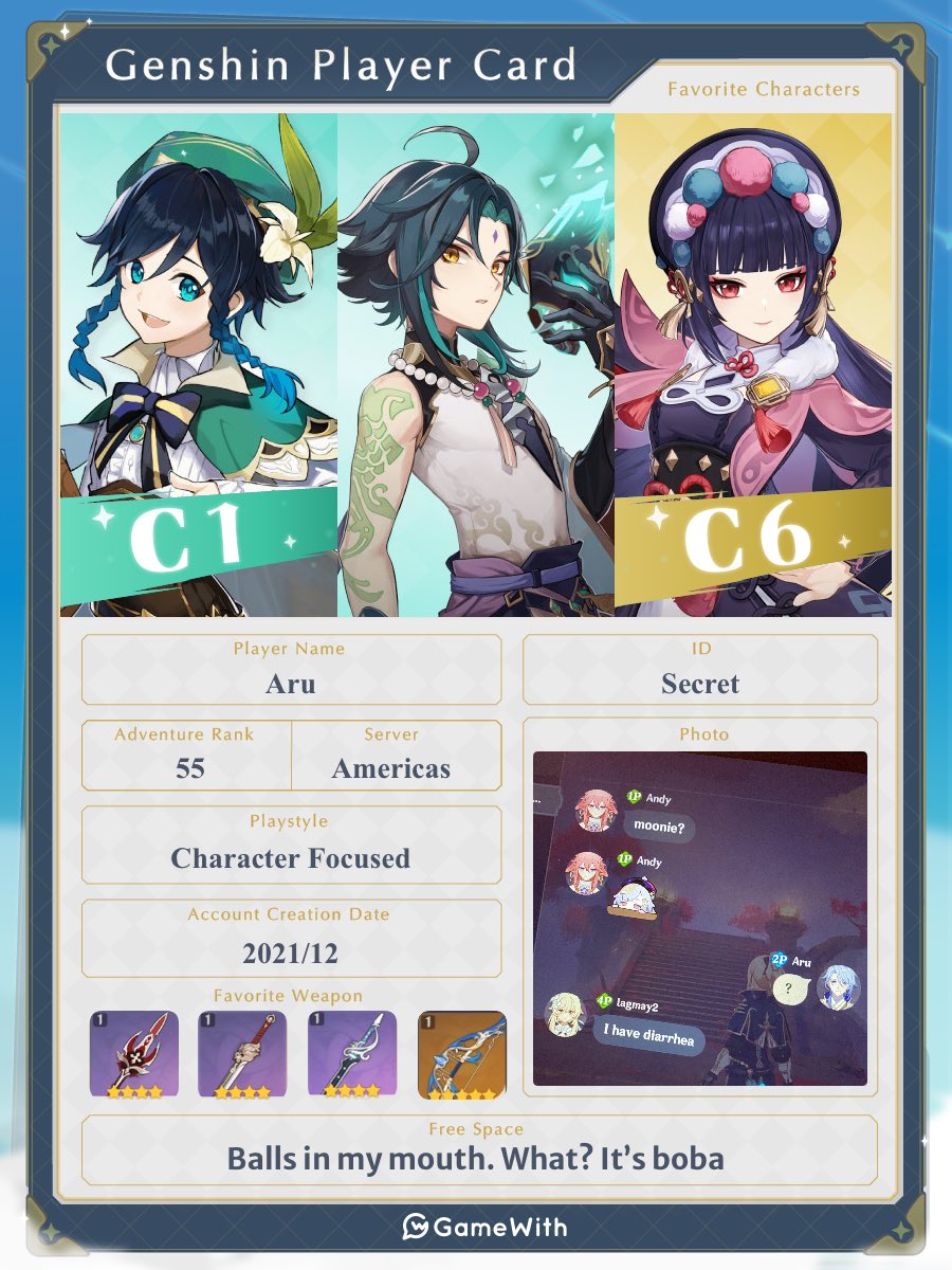 aruflew's tweet photo. Heh heh #GenshinPlayerCard https://t.co/FI0Ngb7YxY