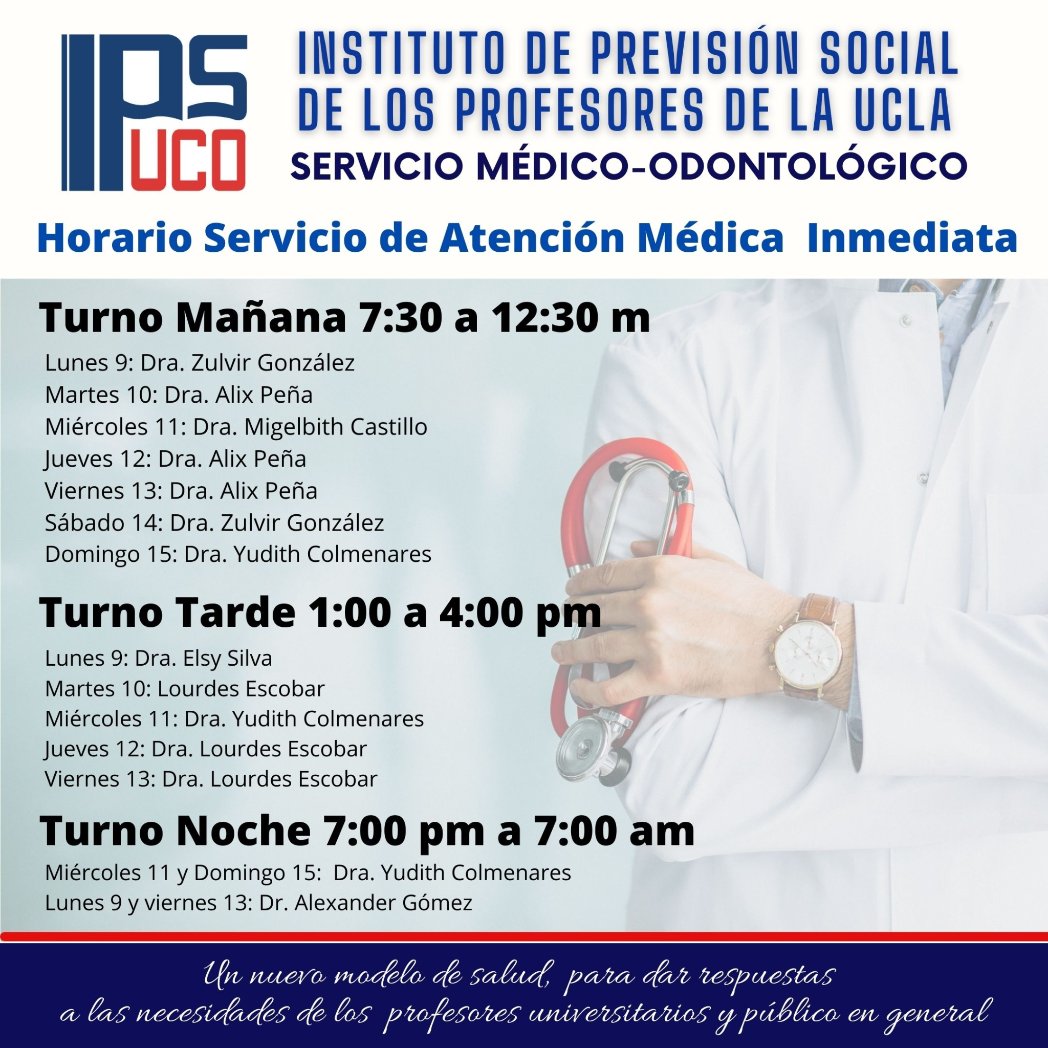 apuclagremio's tweet photo. Guarda este post y ten a mano los días y horas de atención de cada uno de los médicos de Sami. 👩‍⚕️

Enfatizamos a nuestros afiliados que no atendemos casos con síntomas de #COVID19. 

Si piensas que tienes el virus, llámanos al 0251 2331084

#salud #medico #lara #Ipspuco #COVID https://t.co/wcfkUnRpk4