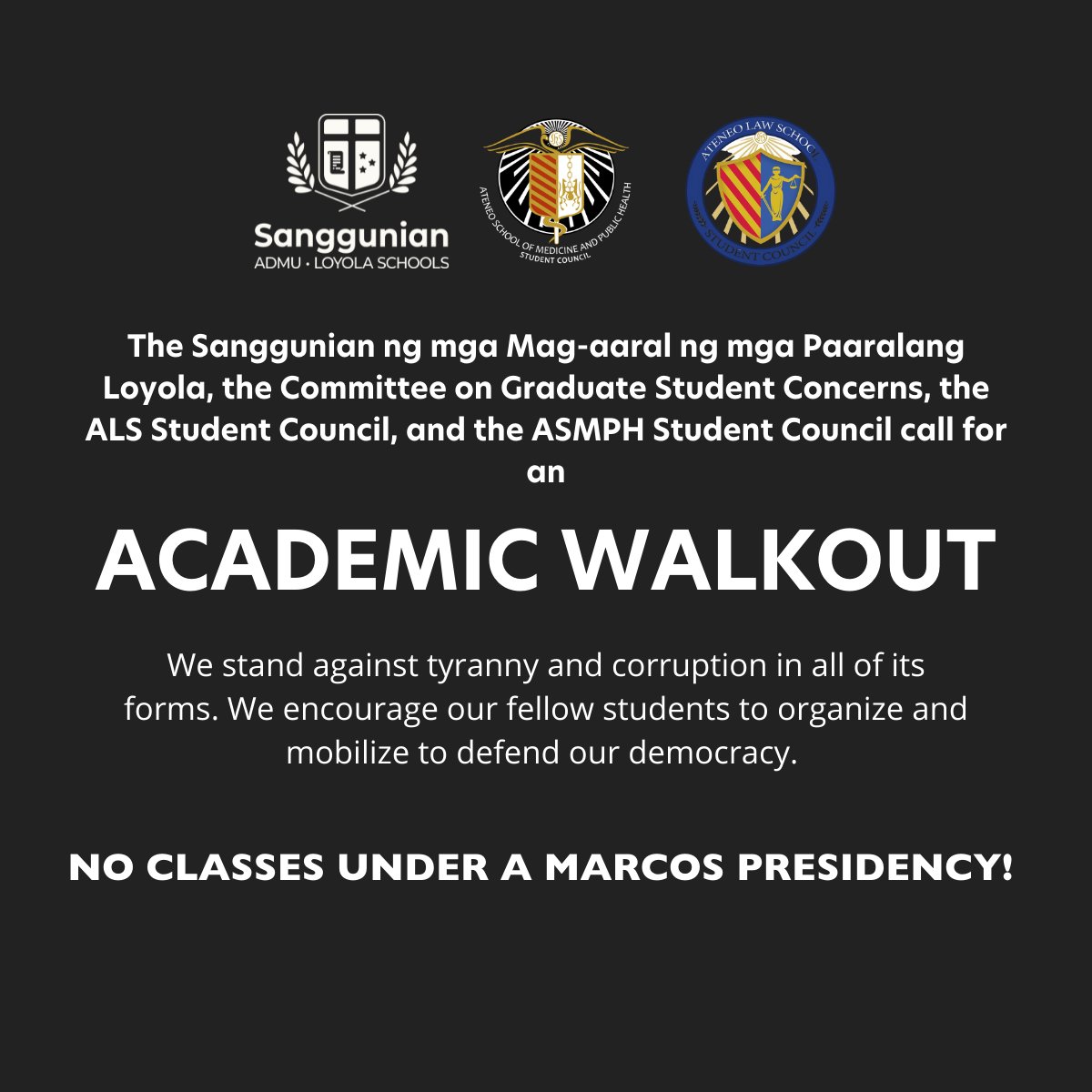 TheGUIDON's tweet photo. JUST IN: “NO CLASSES UNDER A MARCOS PRESIDENCY”

The Sanggunian, the Committee on Graduate Student Concerns, the ALS Student Council, and the ASMPH Student Council have declared encouragement for an academic walkout.

#Blueprint2022 https://t.co/Q1rTUqpNo8