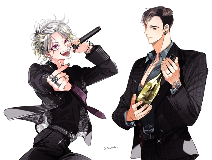 【ホストパロイラスト❸】🌹金太郎&綱🌹

金ちゃんネイル遊びに行った方に気がついてもらえて嬉しいです!髪の毛は薄紫色にするか最後まで悩んだのですが灰色と金に。
綱くんはとても誠実なのに目を奪われる胸元の厚みと彫物…既婚者…ウッ…!みたいな気持ちで。

#百と卍
https://t.co/QyVeo8XVKB 