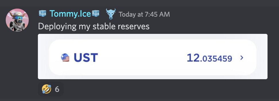 heyitzdood's tweet photo. Members of the @IcedOutBulls are banding together to pool our UST reserves in an attempt to restore the peg. LFG 🚀 @tomtomiso @RaC88343651 @KyleNefan https://t.co/Rg0fdW2OVe