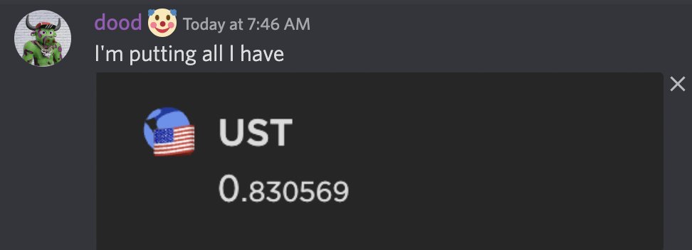 heyitzdood's tweet photo. Members of the @IcedOutBulls are banding together to pool our UST reserves in an attempt to restore the peg. LFG 🚀 @tomtomiso @RaC88343651 @KyleNefan https://t.co/Rg0fdW2OVe