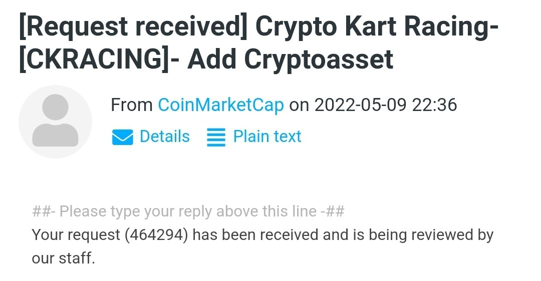 We, as $CKRACING Token applied to CoinMarketCap successfully.
Our ticket number is 464294.

We are awaiting in excitement to be listed on CoinMarketCap

#CoinMarketCap #CMC 
<a href="/CoinMarketCap/">CoinMarketCap</a>