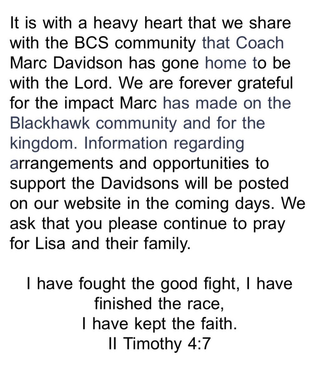 It is with a heavy heart that we share that Coach Marc Davidson has gone home to be with the Lord. 

He fought the fight, finished the race, and kept the faith! Now he is receiving his crown of righteousness from Jesus!

“Well done, good and faithful servant!”

We love you coach!