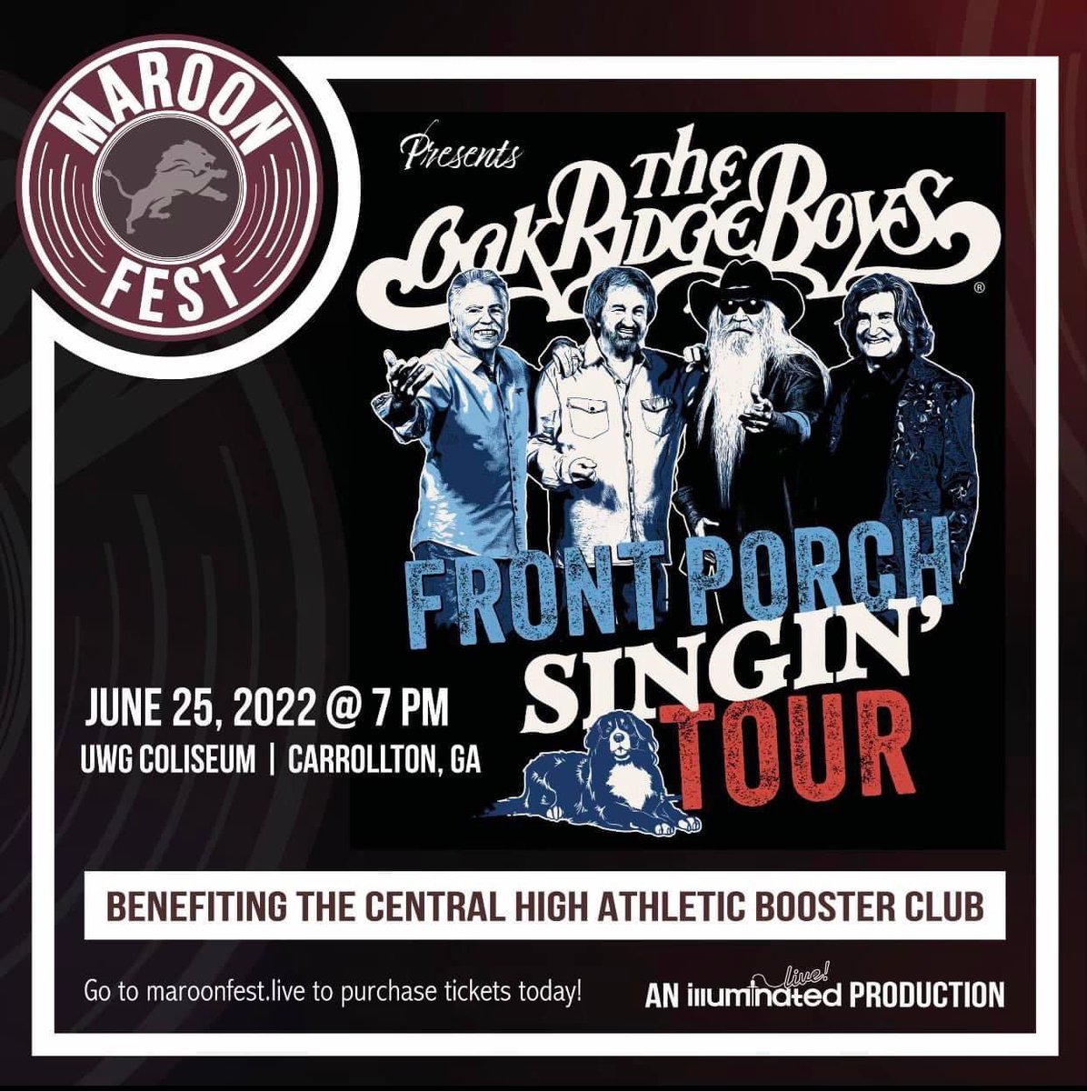 LionSportsCHS's tweet photo. Saturday, May 14, there will be a surprise announcement about the opening acts for the Oak Ridge Boys. Don’t miss out on your opportunity to get tickets &amp; see a great concert. All proceeds benefit the Central Athletic Booster Club. Tickets are available at https://t.co/CcW72VhNlK https://t.co/TqAWoxjc41