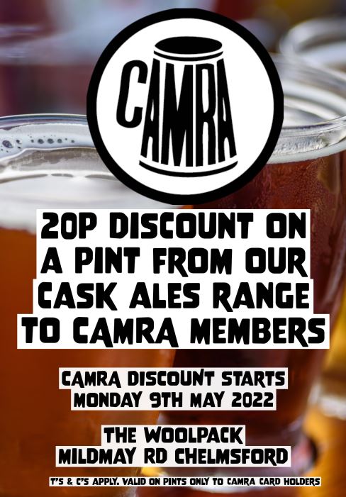 🍺 #Beer alert 🚨!!!

<a href="/WoolpackEssex/">Woolpack Chelmsford</a> has a special discount for <a href="/CAMRA_Official/">CAMRA</a> card holders. So check out the #pub and enjoy a nice drink!

🍻 #CheersChelmsford

♥️🍺
#Chelmsford
#Essex