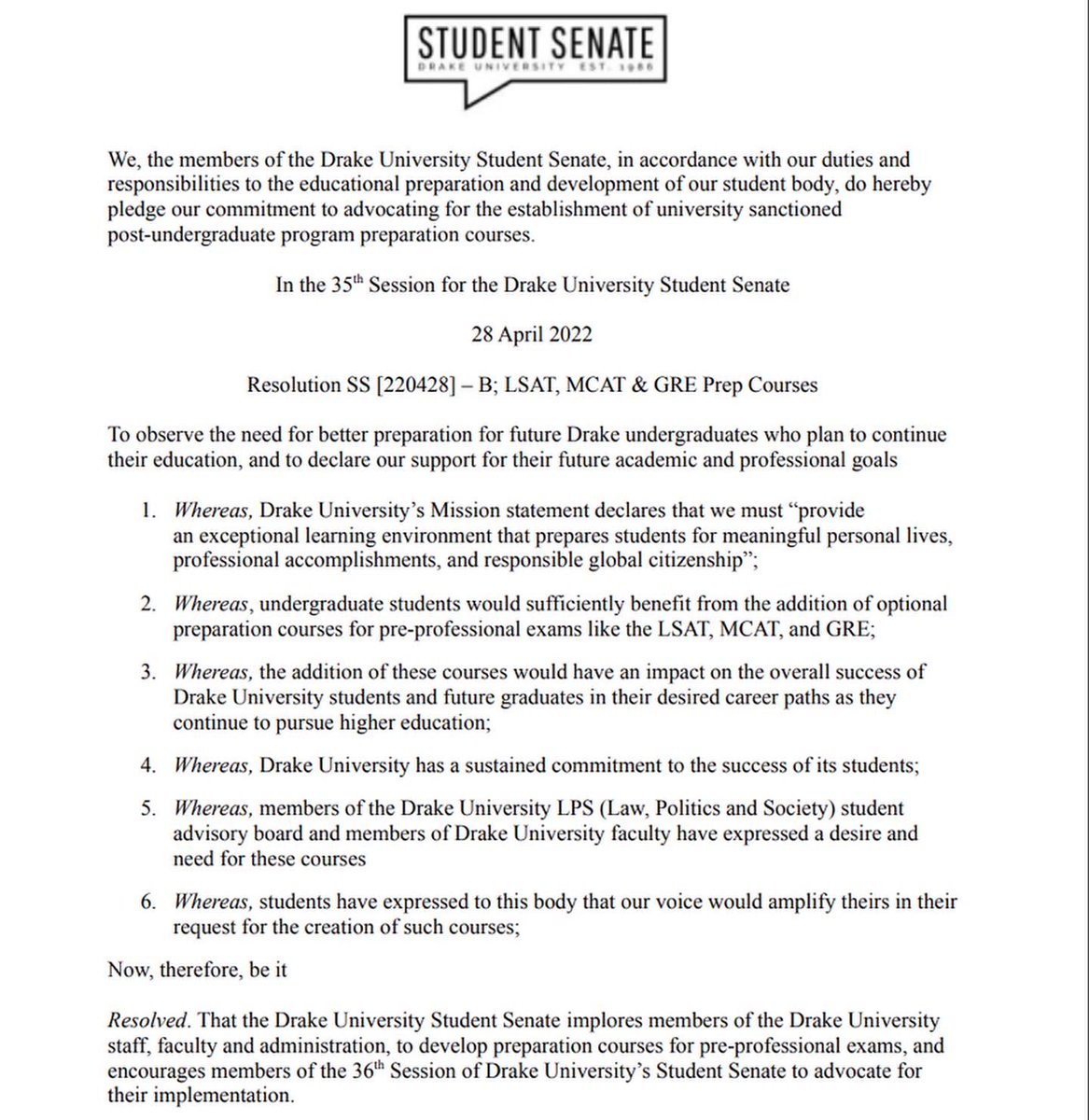 Drake University Student Senate tweet media