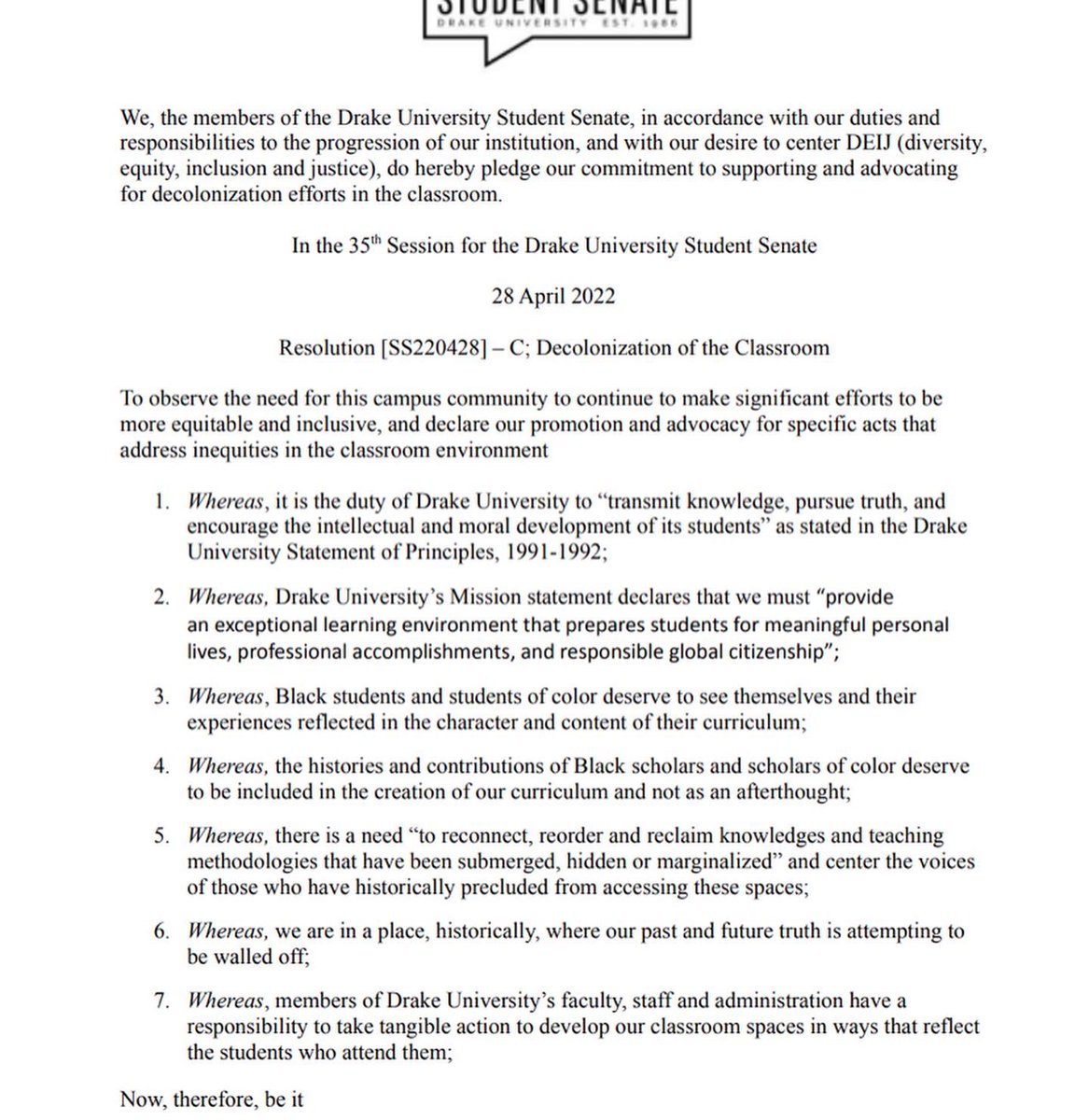 Drake University Student Senate tweet media