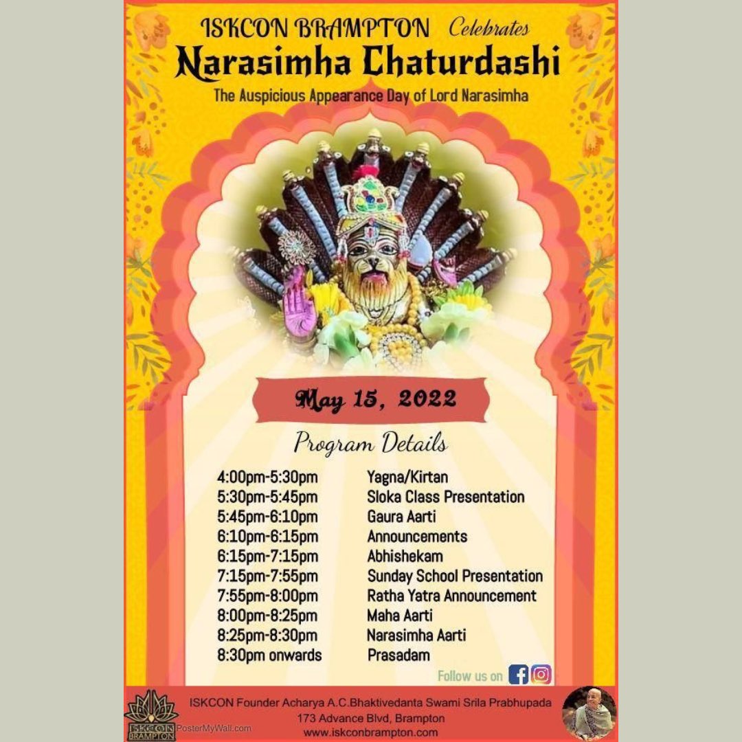 IskconBrampton's tweet photo. Hare Krsna! Please join us for our Narasimha Chaturdashi celebration this Sunday, May 15th, 2022 from 4 pm - 8:30 pm at the temple! 

#celebration #iskcon #iskconbrampton #harekrsna #hare #krsna #haribol #prabhupada https://t.co/ZGUS24CNdl