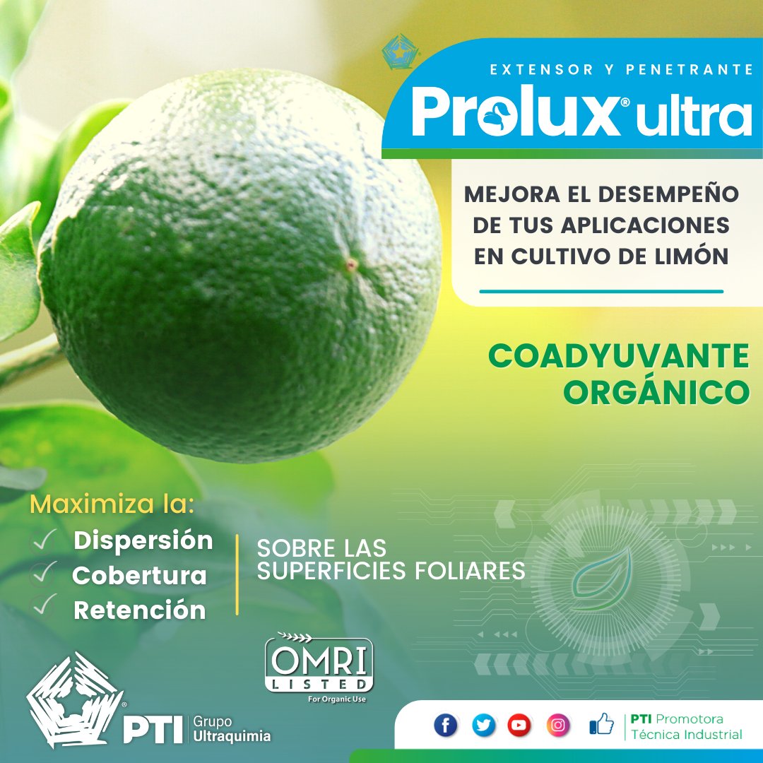 PtiMexico's tweet photo. Prolux Ultra Coadyuvante orgánico que mejora el desempeño de tus aplicaciones
 #OMRI #PTIPiensaOrganico
✅ Humectante, dispersante y penetrante con alto desempeño: multiusos.
✅Maximiza dispersión, cobertura y retención sobre las superficie foliares https://t.co/aWGSeqiMZI