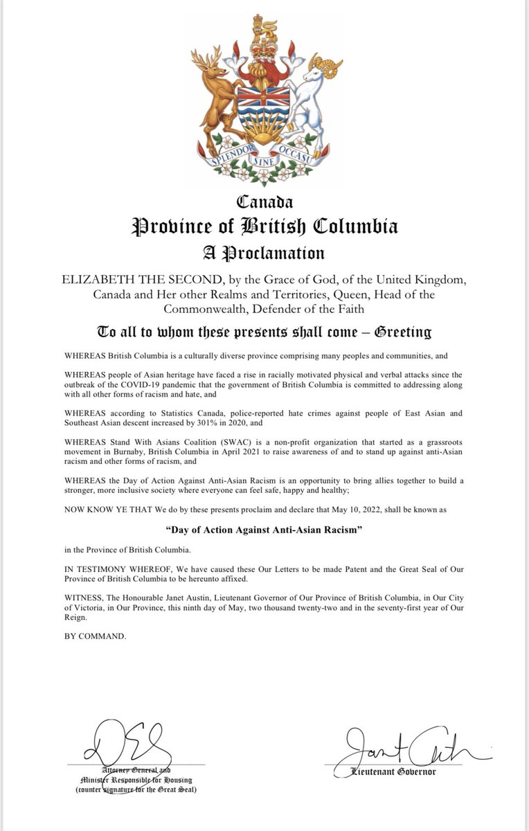 doriswk_mah's tweet photo. @SWACoalition is honoured to receive the BC Govt’s proclamation 2 declare May 10 as Day of Action Against Anti-Asian Racism. Thank you 2 our BC Parliamentary Secretary 4 Anti-Racism Initiatives, Hon. @RachnaSinghNDP 4 her work on combating racism &amp; hate. #StopAsianHate https://t.co/kCHef6shmM