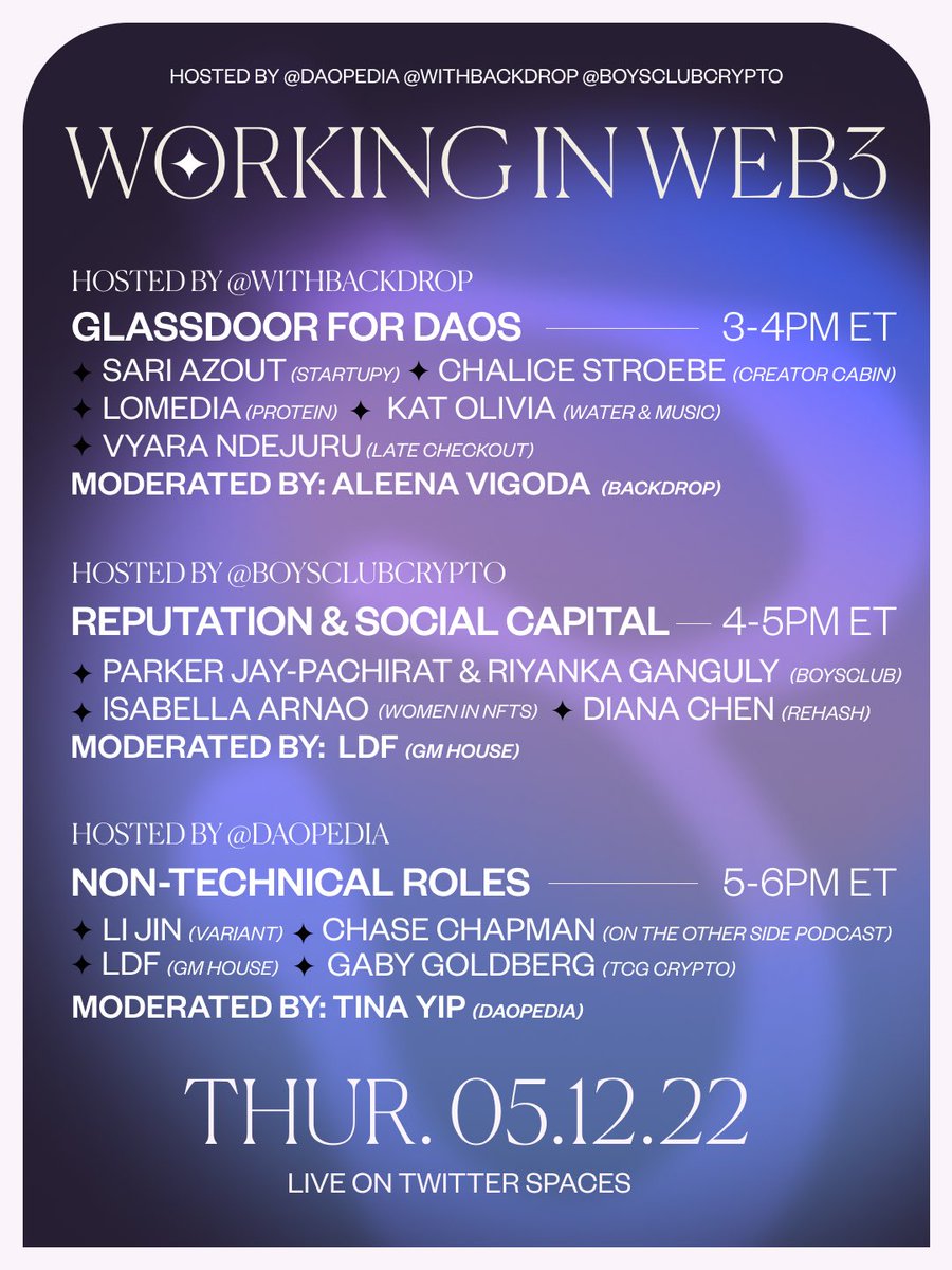 daopedia's tweet photo. Announcing our full lineup for “Working in Web3”, a collab w/ @daopedia, @withBackdrop &amp; @BoysClubCrypto😍

This Thur, each partner will be hosting a convo between 3-5pm ET ft @ljin18 @sariazout @chaserchapman @parkerjayp @ddwchen @gaby_goldberg etc

Set reminders coming tmr 👀 https://t.co/w4IaGqJFAH
