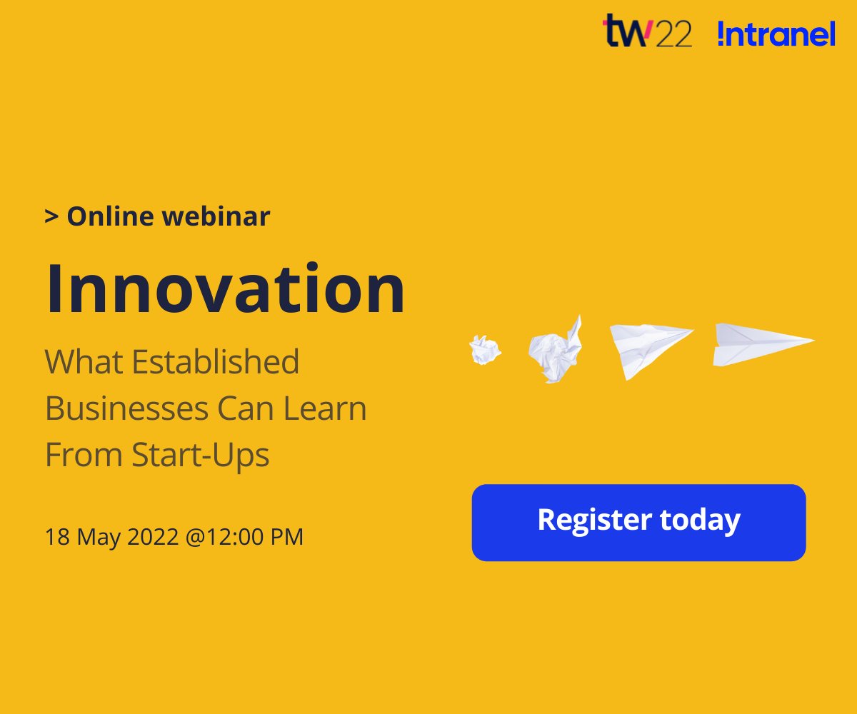 Intranel's tweet photo. Techweek22 is coming up next week! We'll be hosting an online webinar on 18 May and talking about innovating within established businesses. Join us here - https://t.co/DkHitTMl24 #techweek #nztech https://t.co/irGBR0aeHl