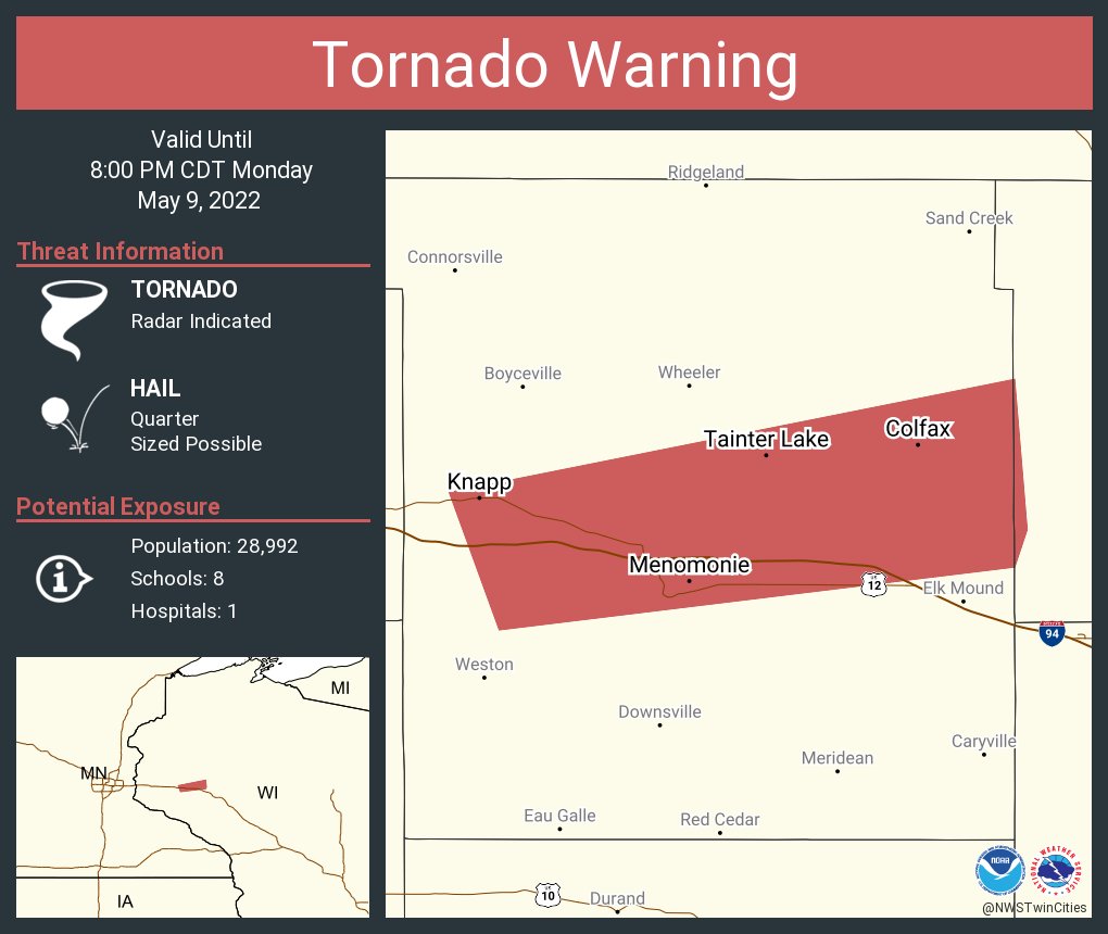 NWS Twin Cities on Twitter "Tornado Warning including Menomonie WI