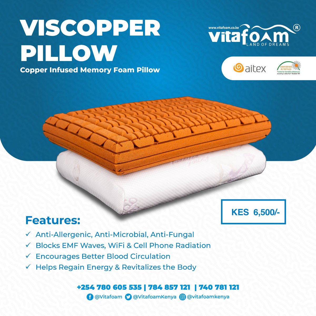 VitafoamKenya's tweet photo. 🌟😮🙋♀️☁️ #SleepHealthier & #SleepBetter with our Amazing Copper Infused Memory Foam Pillows Exclusively from #VitaFoamKenya®! ☁️🙋♂️😮🌟
☎ For Sleep Product *Enquiries, *Orders & *Deliveries Call: +254 780 605 535 | 784 857 121 | 740 781 121
📍Locations: https://t.co/MDIDPPqfct https://t.co/c2QxAbrNeP