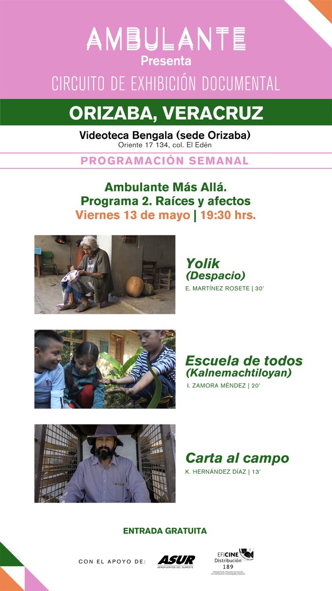 AmbulanteVer's tweet image. Este sábado en #AmbulantePresenta 2022 tendremos el programa 2. Raíces y afectos de Ambulante Más Allá.

📍 En @VBengala sede Orizaba.