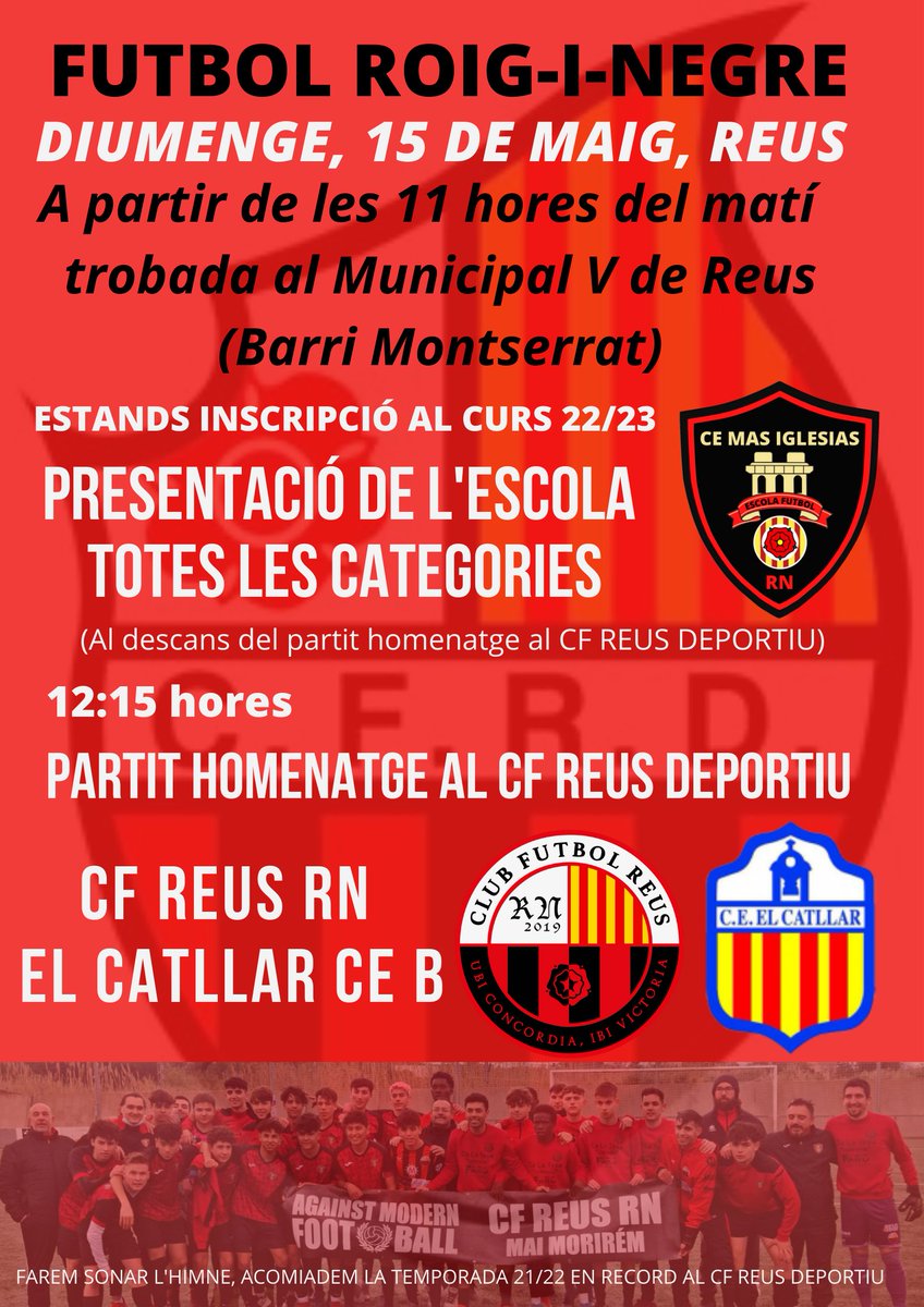 Domingo 15 de mayo Partido Homenaje al CF REUS DEPORTIU <a href="/cfreusdeportiu/">CF Reus ⚽️</a> 🔴⚫⚽ y presentación de los equipos del filial CE MAS IGLESIAS 🔴⚫ #forçareus