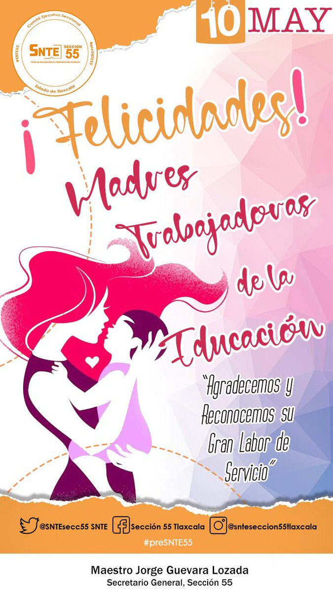 Seccion55SNTE's tweet photo. #preSNTE55 👩‍🏫🙋
#SNTETlaxcala 

Felicidades a las trabajadoras de la educación.

#10deMayo

#QuedateEnCasa #QuedateEnClase #JGL  #LaTareaEsCuidarte #UnidosHagamosLaTarea https://t.co/SSr6gcvWPP