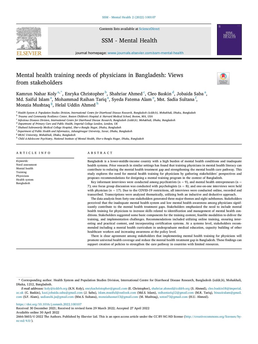SaifulMsh's tweet image. Alhamdulillah! I am overwhelmed to share my first solid qualitative paper on mental health training needs of physicians in Bangladesh published in Elsevier (SSM - Mental Health journal).

Congratulations to the whole team! 

 You may check it out here: doi.org/10.1016/j.ssmm…