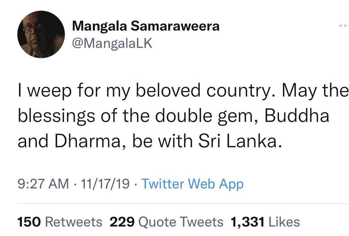 JauferMafaiz's tweet photo. @NewsWireLK @AzzamAmeen This is the tweet from late Mangala Samaraweera on 11/17/2019, immediately aftermath of the victory of the current president Gotabaya, early hours on that day. 
I’m never a fan of any politicians but if I’m desperate to see someone alive today, that’s Mangala! https://t.co/XG6NNn6URJ