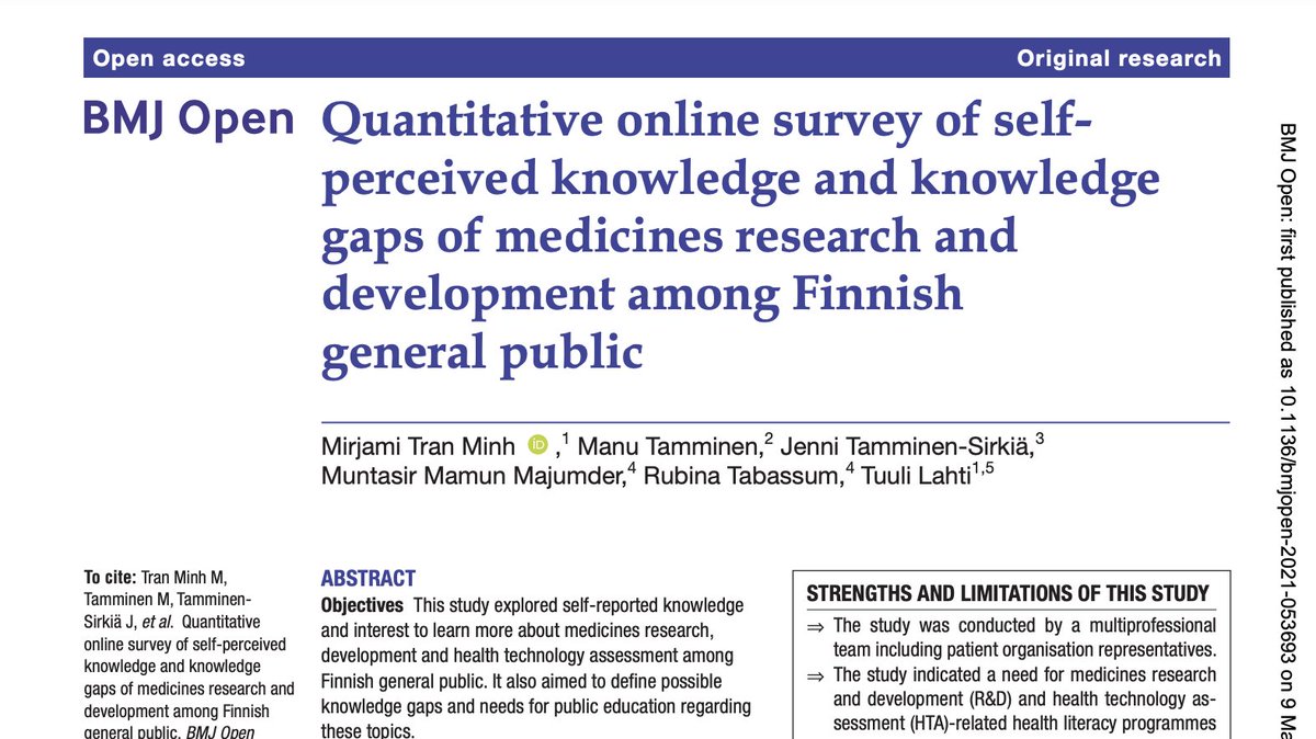 Selvitimme kansalaisten kiinnostusta, osallistumista ja tietämystä lääkekehityksestä ja terveydenhuollon menetelmien arvioinnista. #Yksilöllistetty hoito kiinnostaa, lääkkeiden sääntely, arviointi ja #kustannusvaikuttavuus eivät juurikaan ➡️ @BMJ_Open bmjopen.bmj.com/content/12/5/e…