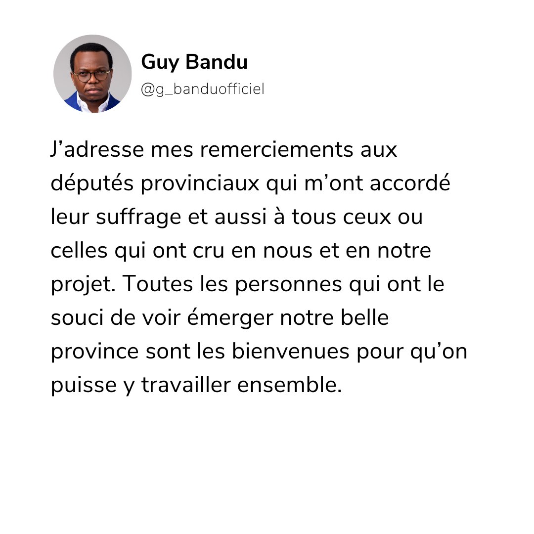 g_banduofficiel's tweet image. J’adresse mes remerciements aux députés provinciaux qui m’ont accordé leur suffrage et aussi à tous ceux qui ont cru en nous et en notre projet. Toutes les personnes qui ont le souci de voir émerger notre belle province sont les bienvenues pour qu’on puisse y travailler ensemble.