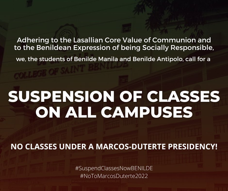 LFSBenilde's tweet photo. We call on the administrators of DLS-CSB to allow the suspension of classes and other academic activities in order for us, the students, to re-channel our fears and anxieties in mobilizing the broadest masses. 

#NoToMarcosDuterte2022
#SuspendClassNowBenilde https://t.co/zEV2yab5V1
