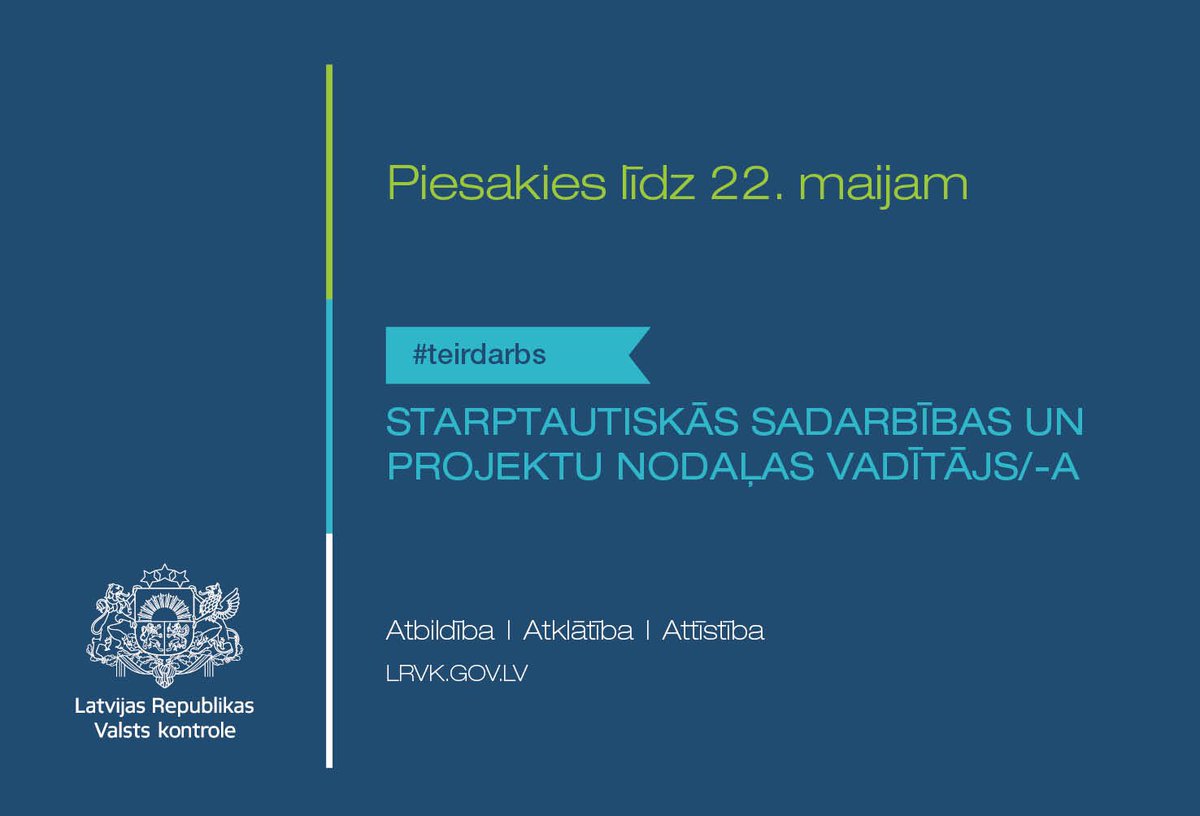 VKontrole's tweet image. 👩‍🏫🧑‍🏫 Meklējam kolēģi - Starptautiskās sadarbības un projektu nodaļas vadītāju! 
ℹ️ lnkd.in/dS3Zj49M

🇱🇻🇪🇺🌍 Priekšrocība - darba pieredze starptautisko projektu vai aktivitāšu realizācijā Eiropas vai globālā līmenī pēdējo 3️⃣ gadu laikā. 

#TeIrDarbs
#ValstsKontrolesKomanda