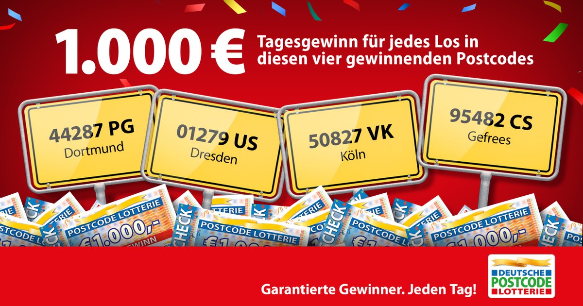DPLotterie's tweet photo. #Dortmund, #Dresden, #Köln und #Gefrees aufgepasst: Vier Postcodes jubeln über den #Tagesgewinn am Dienstag. Wie immer gibt es 1.000 Euro pro Los!

Herzlichen Glückwunsch! 💐

https://t.co/7FqBMwlXQz https://t.co/X4fH3Z7ATQ