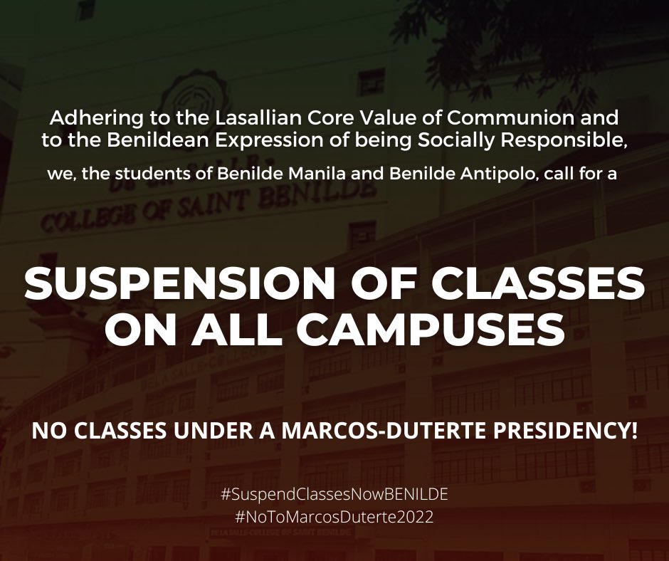 JadeDaUnicorn's tweet photo. I, Jadine Ledesma, call on the administrators of DLS-CSB to allow the suspension of classes and other academic activities in order for us, Benildean students, to re-channel our anxieties in mobilizing the broad masses.
#NoToMarcosDuterte2022
#SuspendClassNowBenilde https://t.co/HT2zcM2O4v