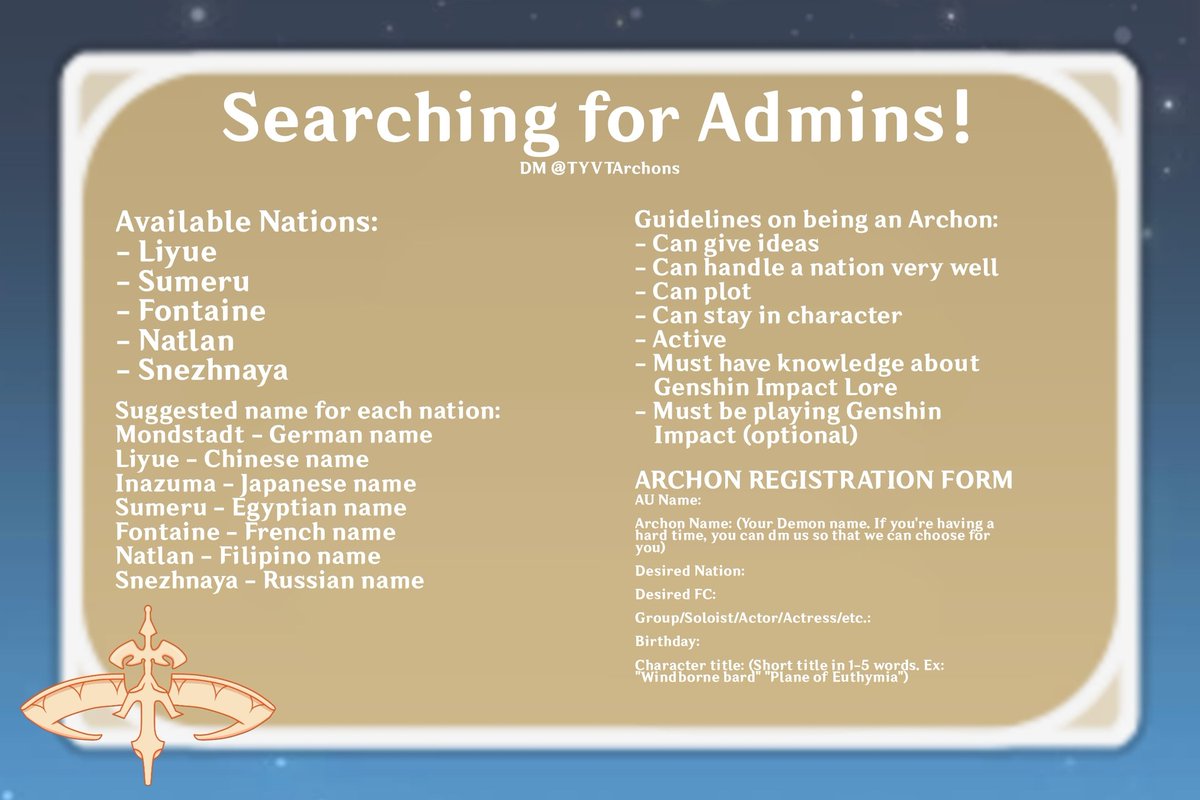 TeyvatRPW's tweet photo. Good day! We are currently looking for admins that are willing to be an Archon. We need 5 more Archons. Below are the details. https://t.co/g23KP7EXdp