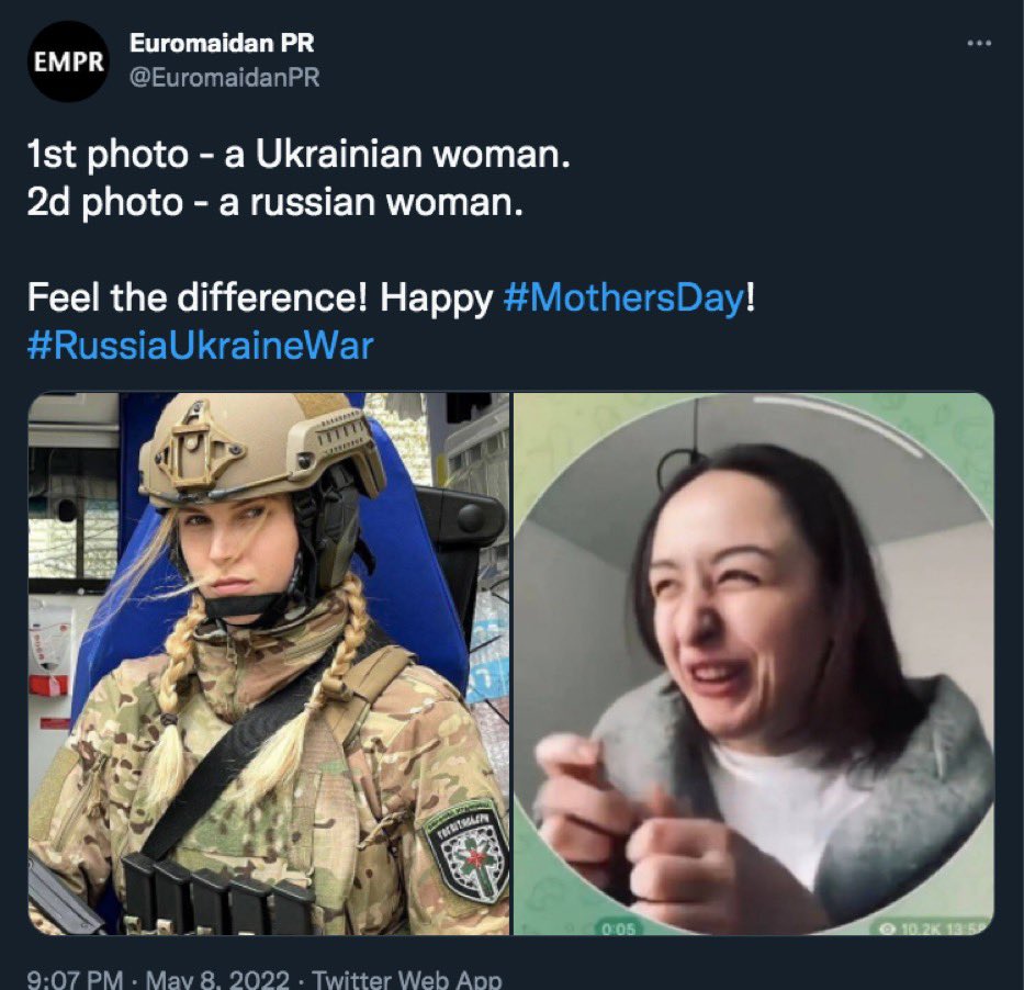 FiorellaIsabelM's tweet photo. In case you missed it Ukrainian President Volodymyr Zelensky celebrated Victory Day by tweeting out a picture of one of his soldiers wearing Nazi insignia, while the Euromaidan Press tweeted this photo on the right out. Amazing. 
I did “Nazi” that coming! https://t.co/FkURHfDIPU