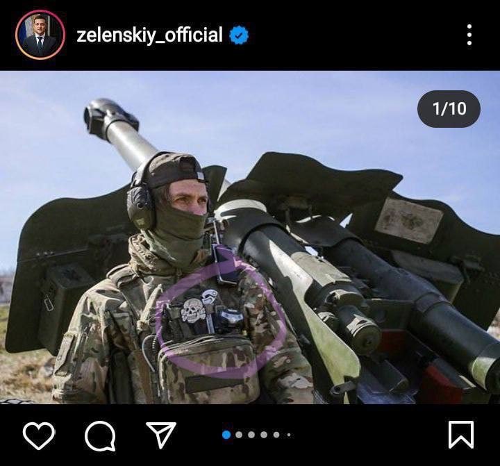 FiorellaIsabelM's tweet photo. In case you missed it Ukrainian President Volodymyr Zelensky celebrated Victory Day by tweeting out a picture of one of his soldiers wearing Nazi insignia, while the Euromaidan Press tweeted this photo on the right out. Amazing. 
I did “Nazi” that coming! https://t.co/FkURHfDIPU