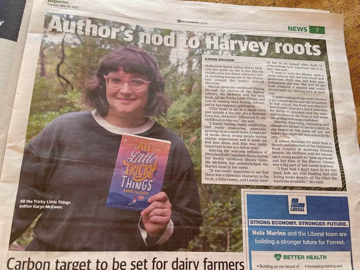 karyswrites's tweet photo. I’m in the Harvey Reporter today! #AllTheLittleTrickyThings is influenced by my childhood growing up in country WA and features a very important cameo by the real-life local librarian Ruth - who shaped my lifelong love of reading and is still working in the Harvey Library today! https://t.co/1MIBjTlO0W