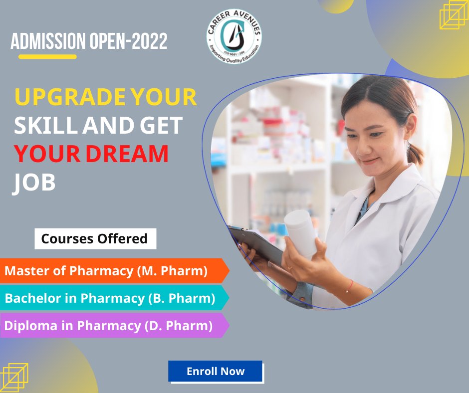 Career Avenues helps in shaping our Students future through various education learning programs!
Enroll yourself at Career Avenues today!!
#Education #DiplomainPharmacy #MasterinPharmacy #BachlorinPharmacy #Pharmacy #MPharma #BPharma #DPharma #CareerinPharmacy #admissionopen