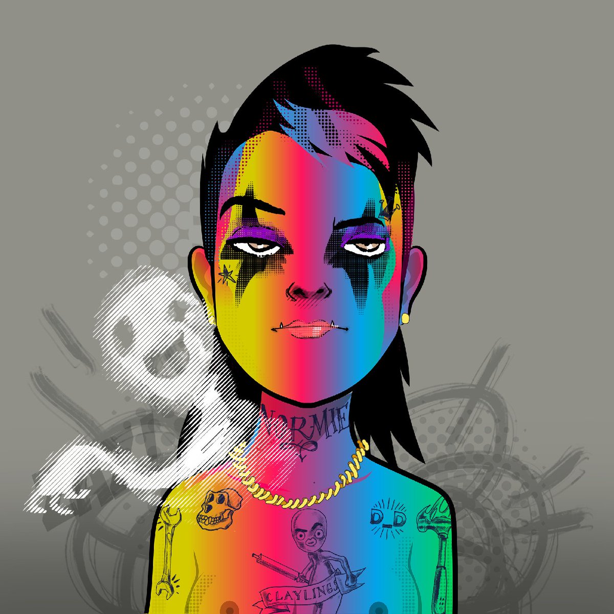 A rare Normie that soon will be roaming in the wild is  "Gotic Pistol Greta" a Rainbow skinned Normie with  <a href="/developer_dao/">Developer DAO (🧱, 🚀)</a> , <a href="/BoredApeYC/">Bored Ape Yacht Club 🍌</a>  and <a href="/0xClaylings/">Claylings</a>  honorary tattoos. (And we cannot forget about the Friendly Ghost ).  #NFTCommunity #nftart 👉 premint.xyz/the-normies/